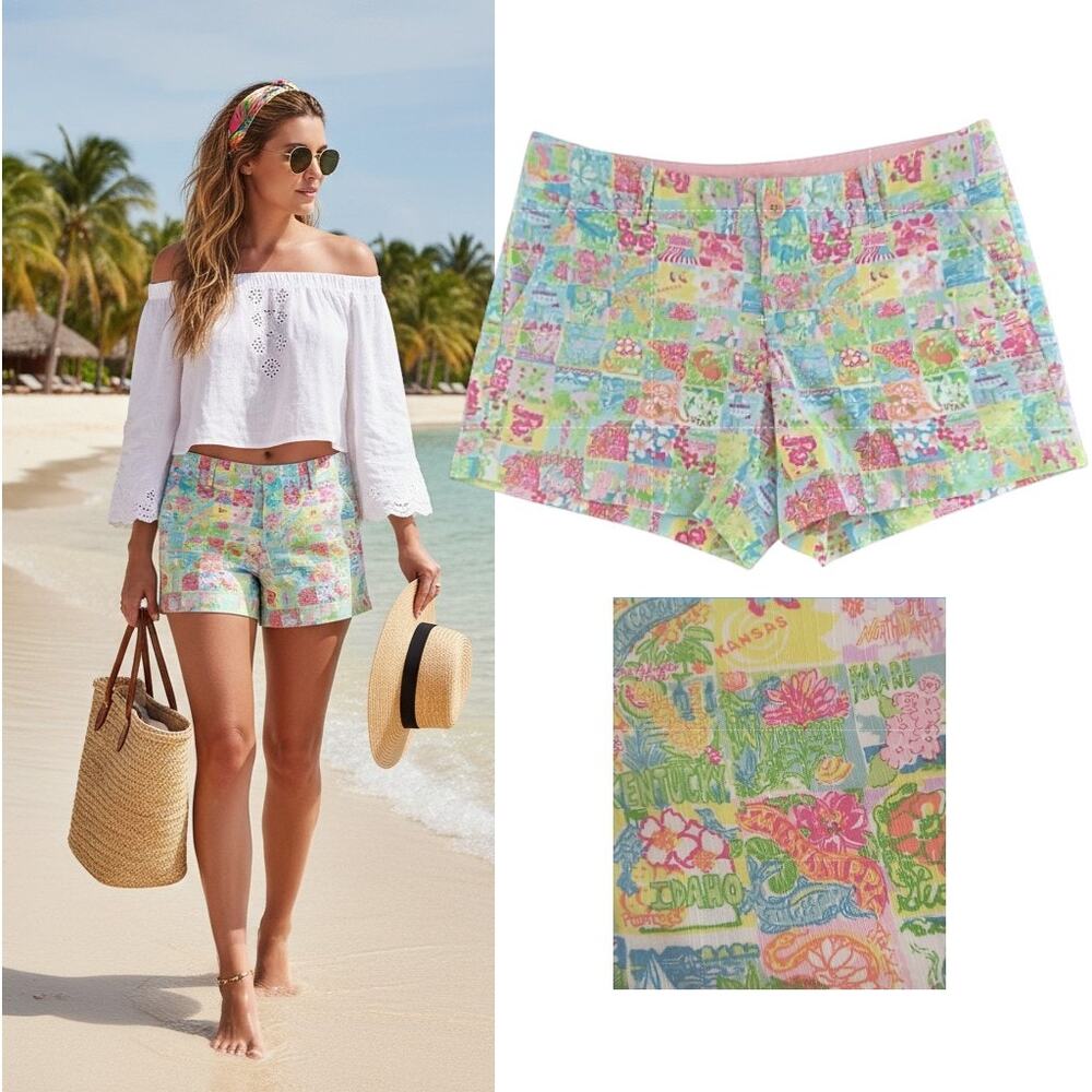 Lilly Pulitzer State Of Mind Shorts Wmn's 8 Multicolor 5" Inseam Patchwork Print